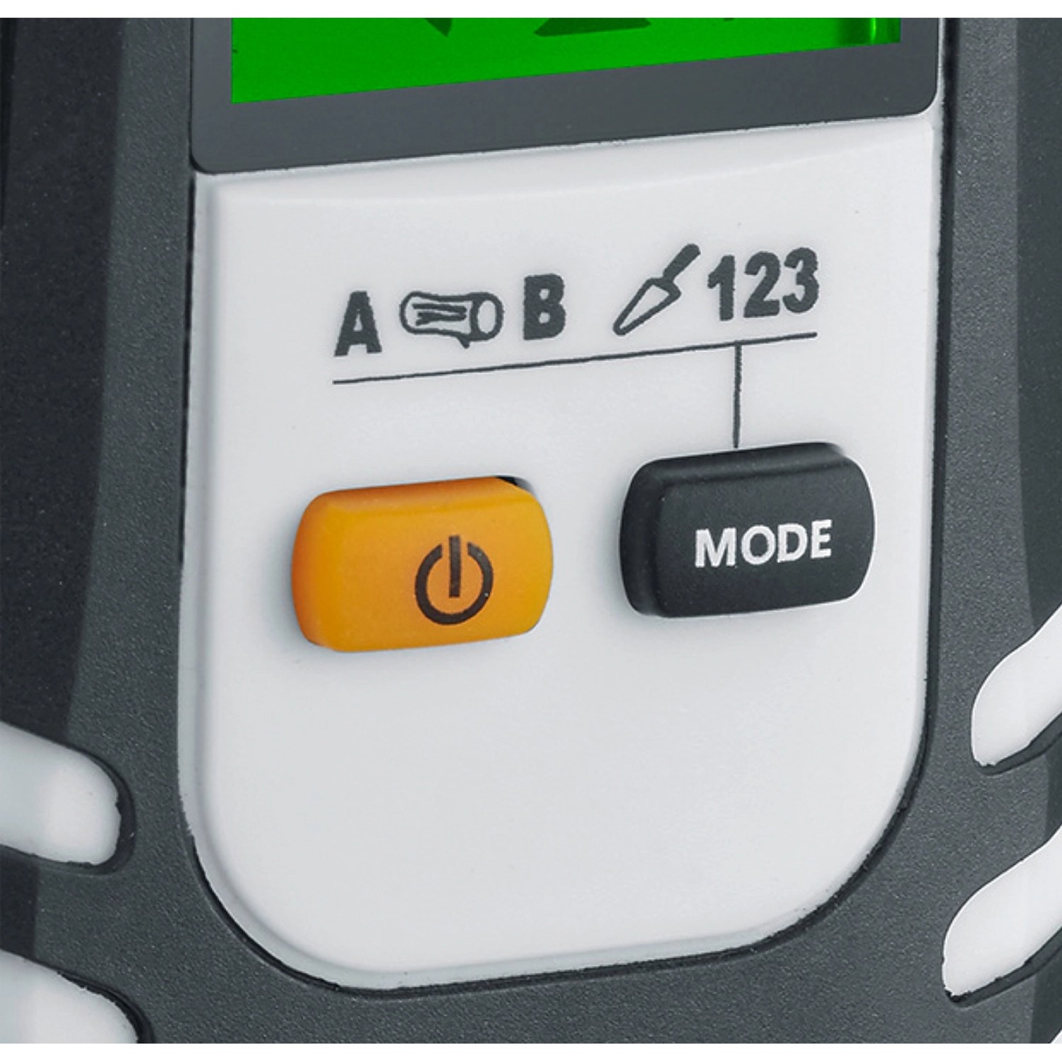 Detailaufnahme: Laserliner DampFinder Home mit Power- und Mode-Button zur Materialauswahl.