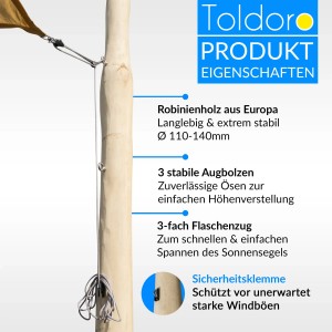 Toldoro Sonnensegelmast aus Robinienholz mit Höhenverstellung und Befestigungsset.