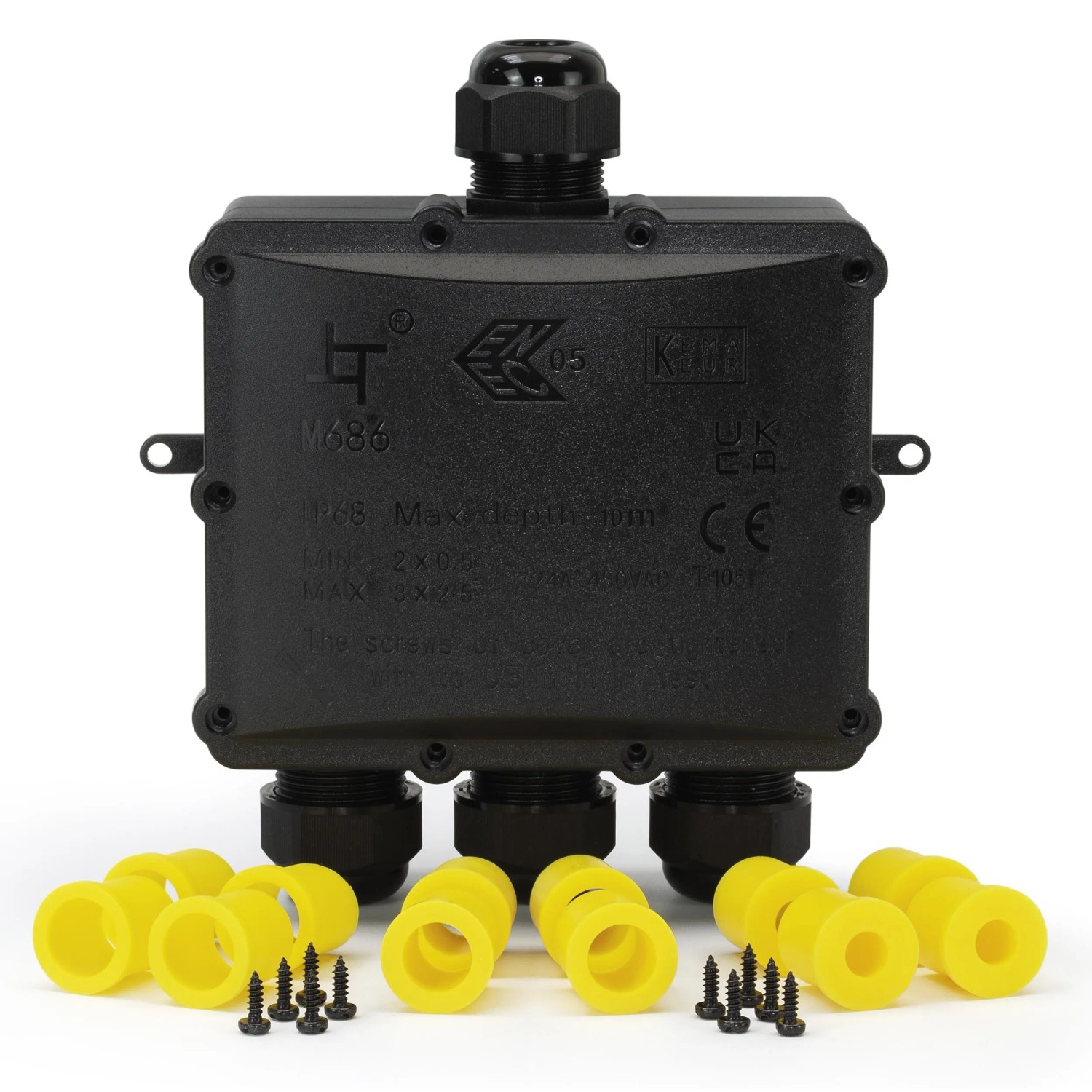 Schwarze S-Impuls Abzweigdose IP68 für Außenbereich mit gelben Dichtungen und Schrauben.