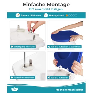 Einfache Montage des blauen Calmwaters WC-Sitzes mit Absenkautomatik. Hände befestigen den Toilettensitz in 4 Schritten.