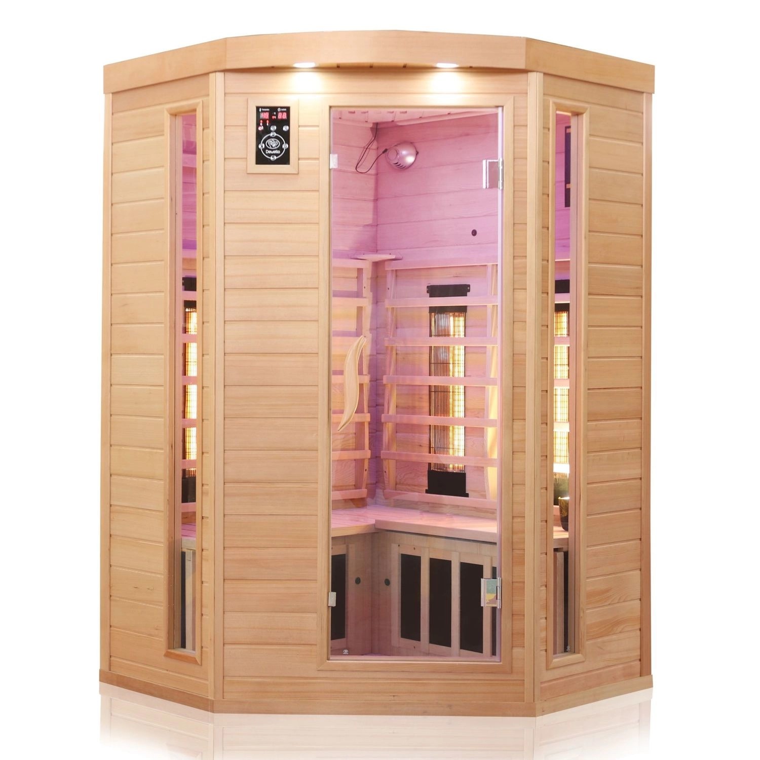 Dewello Infrarotkabine Sauna Lakefield 3 120cm x 120cm 2 Personen Vollspektrum & Karbonstrahler Hemlock Tannenholz