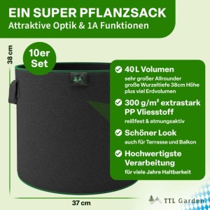TTL GARDEN Pflanzsack 40L 10er Set Filz Stofftopf 300g/qm Vlies Pflanzentopf Rund Ø37cm Pflanzentopf Garten