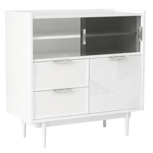 Weißes Sideboard mit Glastür, zwei Schubladen und gemusterter Schranktür. Moderner Ablageschrank für vielseitige Aufbewahrung.