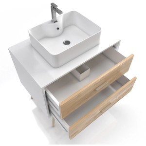 Aurlane Waschbeckenunterschrank FJORD, weiß matt, 80 cm breit, mit zwei offenen Schubladen und Aufsatzwaschbecken.