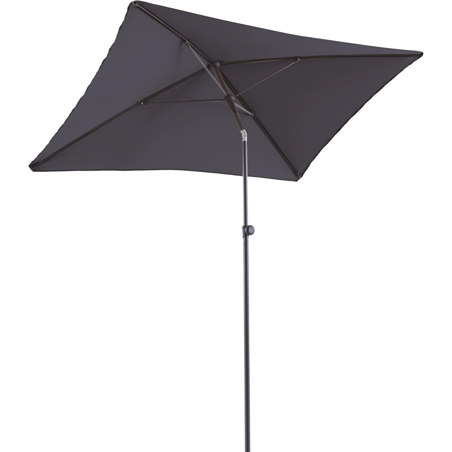 Anthrazitfarbener, rechteckiger Marktschirm (140x210 cm) mit Push-Up Mechanik.