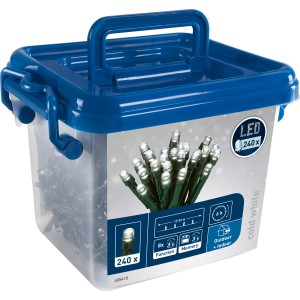 LED Lichterkette kaltweiß, 240 LEDs, grünes Kabel in Kunststoffbox, 22,92 m lang.