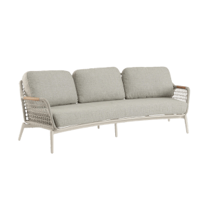Bizzotto Sofa Eulero, 231 cm, Pelican. Gartenbank mit hellgrauen Kissen und Teakholz-Akzenten.