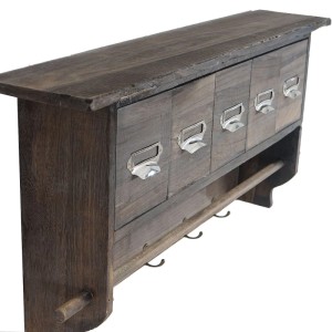 Braunes Küchenregal aus Paulowniaholz mit 5 Schubladen, 4 Haken und Stange. Rustikaler Shabby-Look.