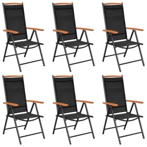 7-teilige Garten-Essgruppe aus Aluminium in Schwarz mit Textilene-Bespannung und WPC-Tischplatte.