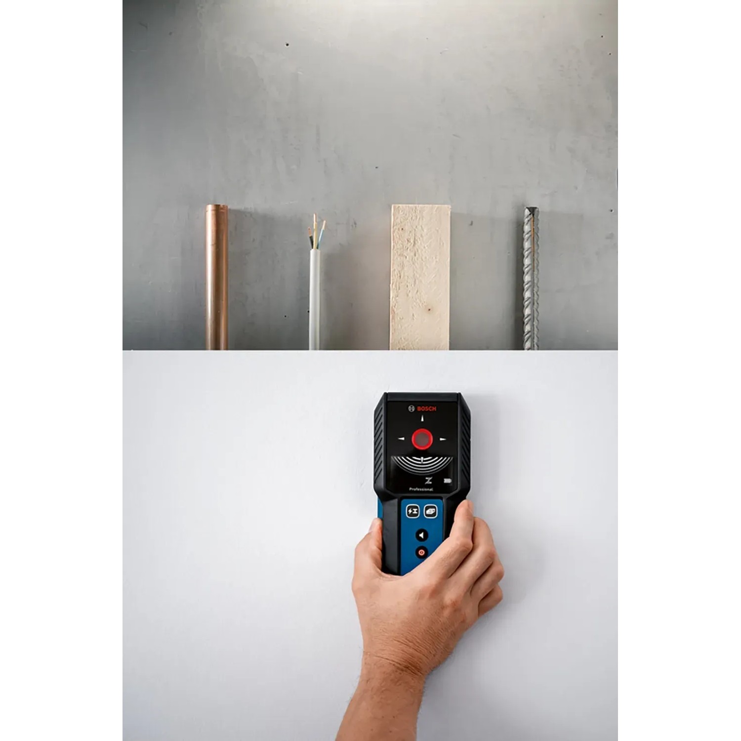 Bosch Professional GMS 120-27 Ortungsgerät im Einsatz, erkennt Metall, Kabel und Holz.