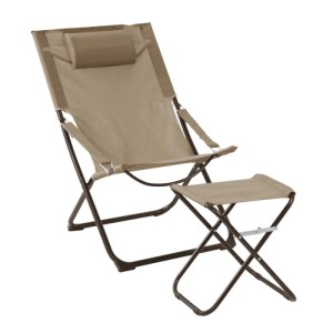 Taupe Svita Tomra Klapp-Liegestuhl mit Hocker und Kopfkissen. Ideal für Garten, Camping und Balkon.