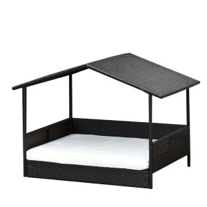 Dunkelbraune PawHut Hundeliege Outdoor aus PE Rattan mit Dach und weißem Kissen. Erhöhtes Design.