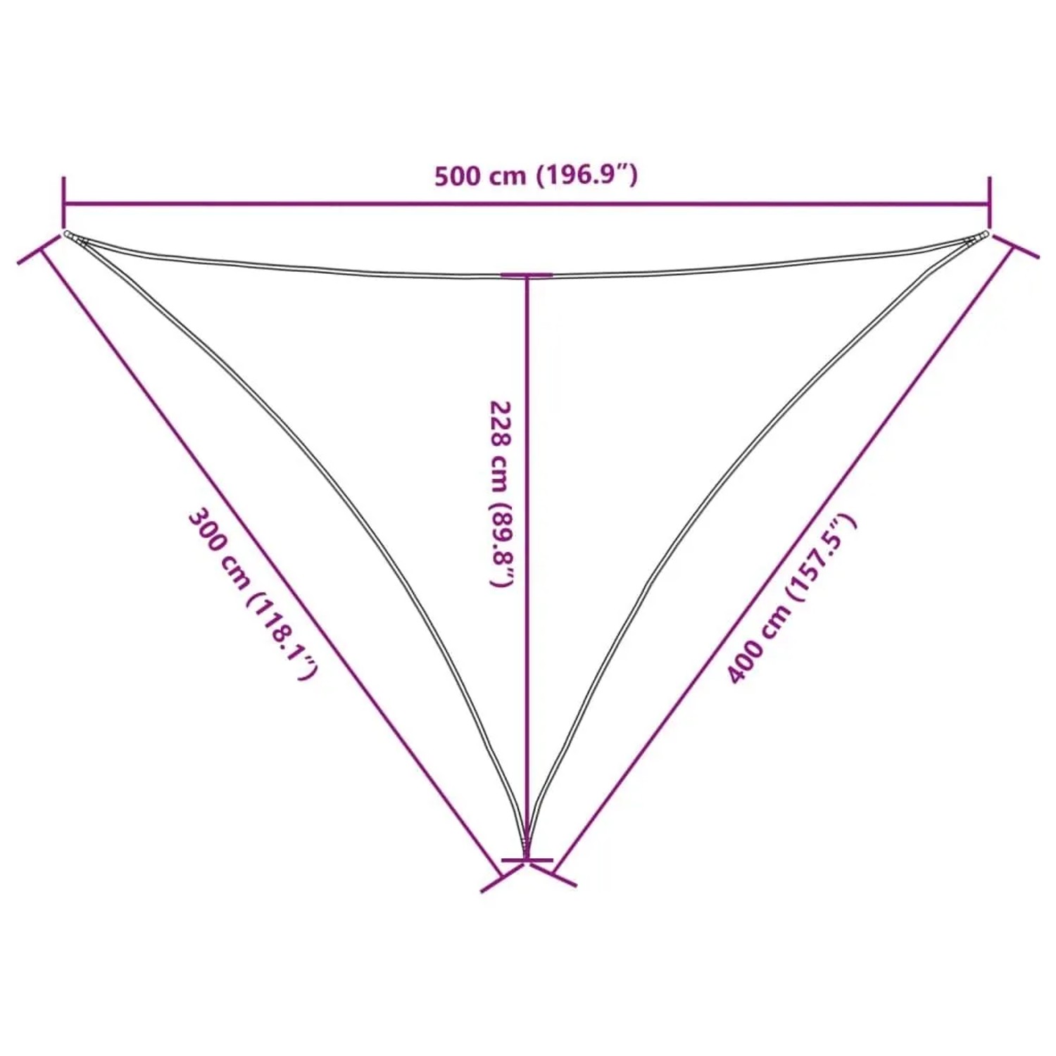 Dreieckiges Sonnensegel 3x4x5 m. Maßzeichnung mit Seitenlängen 300, 400, 500 cm und Höhe 228 cm.