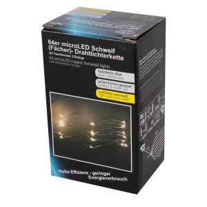 Schwarze Produktverpackung der Lex 64er Micro LED Drahtlichterkette mit warmweißem Licht und silbernem Kabel für innen & außen.