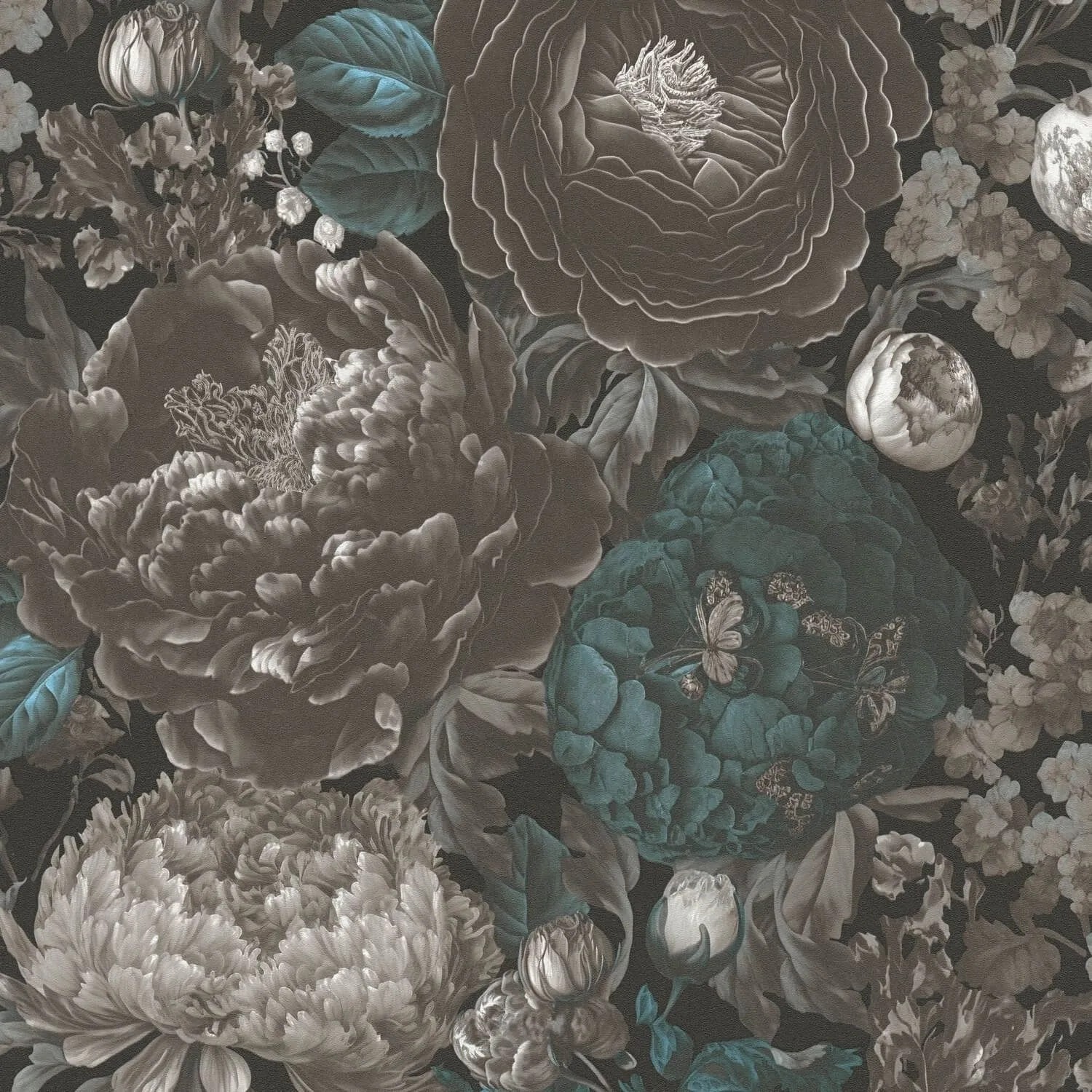 PROFHOME 399792-GU Blumen Tapete Floral Matt Schwarz Blau Grau Weiß 0,53 m x 10,05 m 5,33 m2
