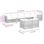 Beige 9-teilige Garten-Sofagarnitur aus Polyrattan mit Tisch und Kissen, Maße eingezeichnet.