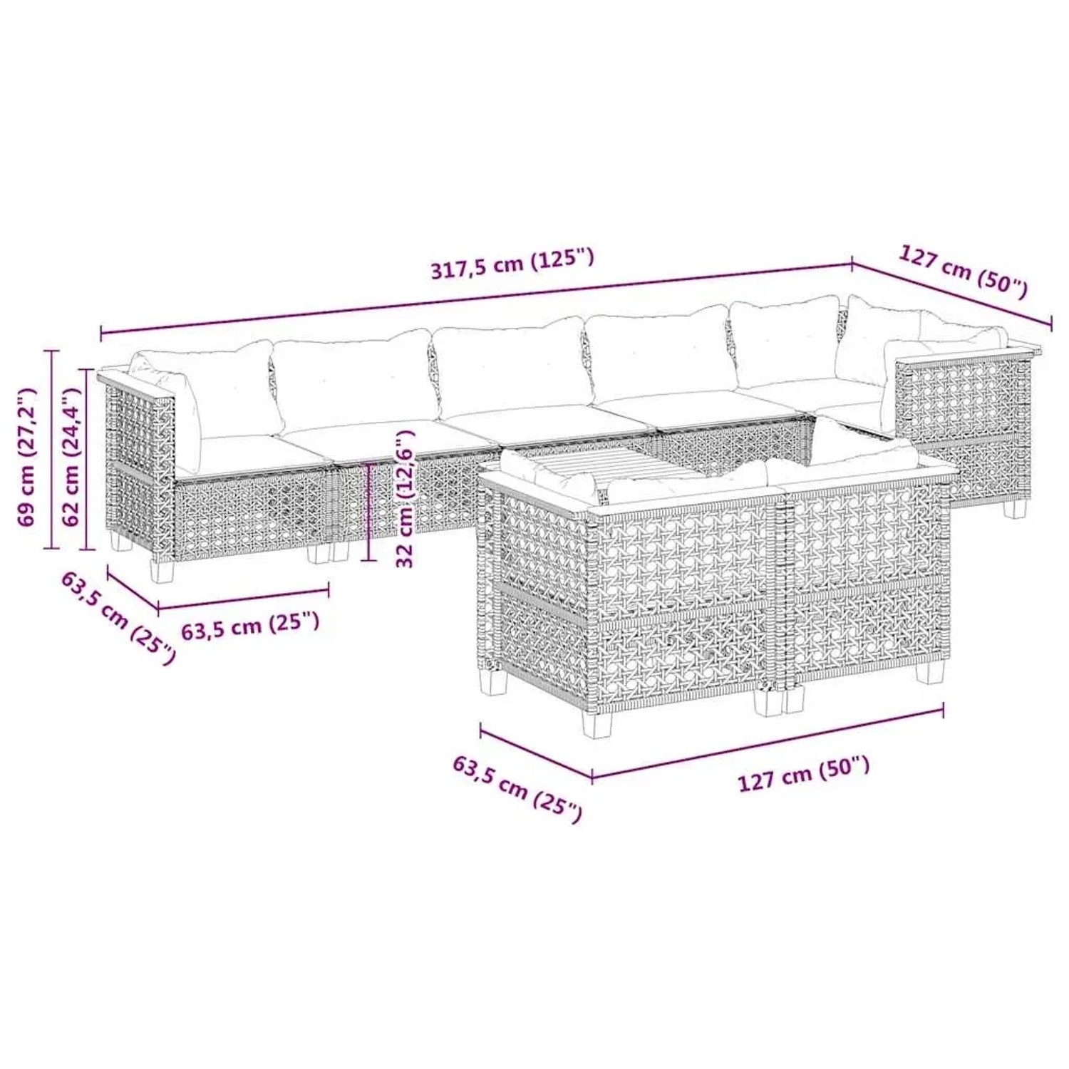 Beige 9-teilige Garten-Sofagarnitur aus Polyrattan mit Tisch und Kissen, Maße eingezeichnet.