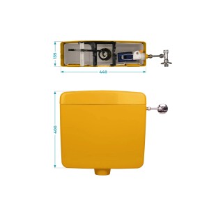 Calmwaters Aufputz-Spülkasten in Curry-Gelb mit Spül-Stopp-Funktion und Maßangaben.