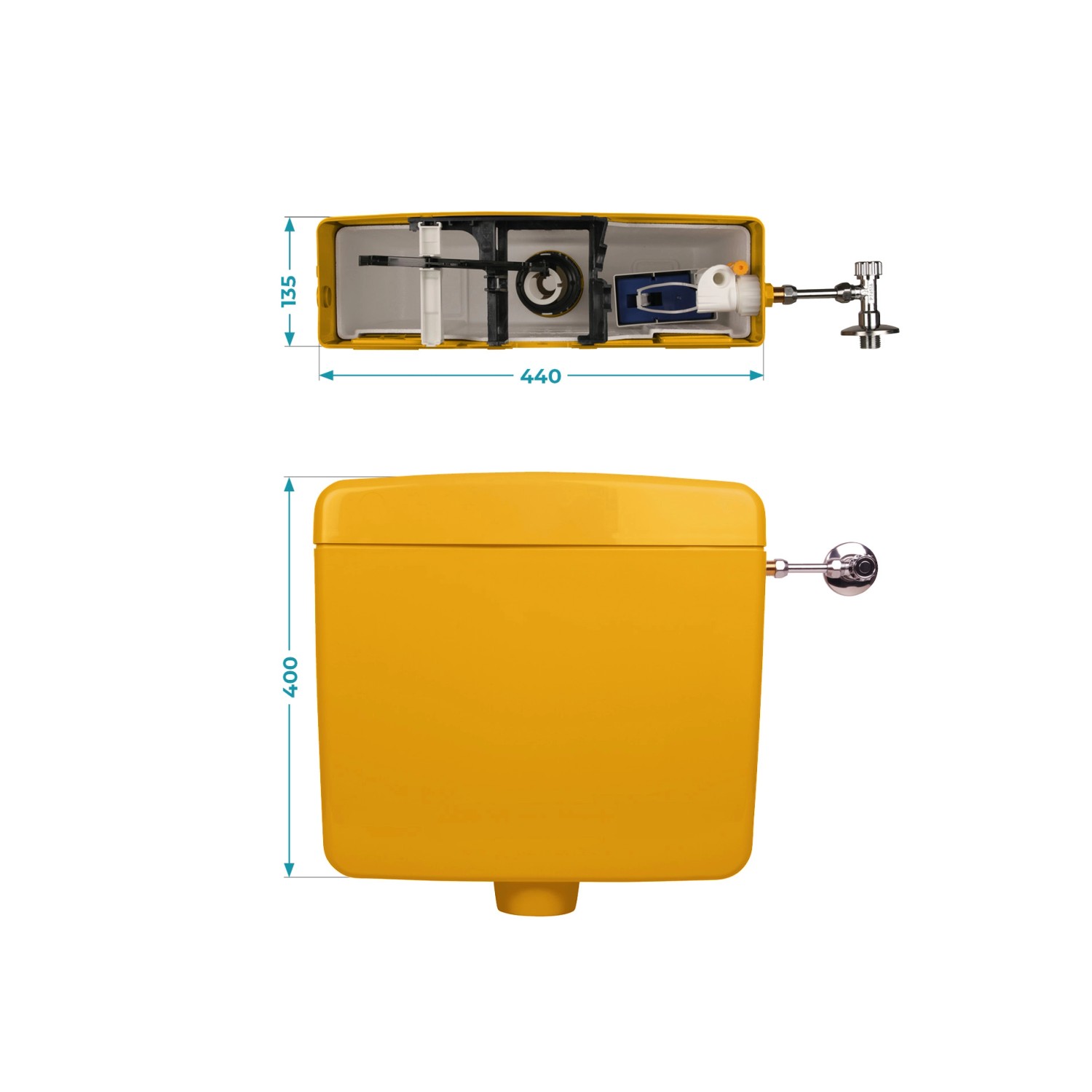 Calmwaters Aufputz-Spülkasten in Curry-Gelb mit Spül-Stopp-Funktion und Maßangaben.