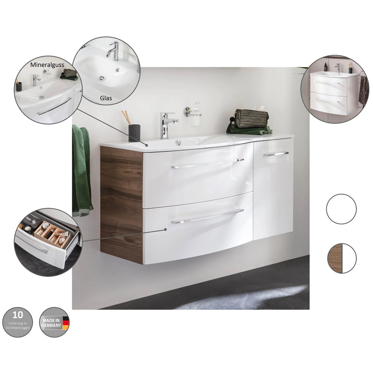 Fackelmann LED-Spiegelschrank Verona, 110 cm, 3-türig, Weiß Glanz. Badmöbel mit LED-Beleuchtung.