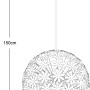 Skizze der weißen Globo Pendelleuchte Stella, kugelförmig aus Kunststoffblüten, Ø 60cm, Höhe 150cm.