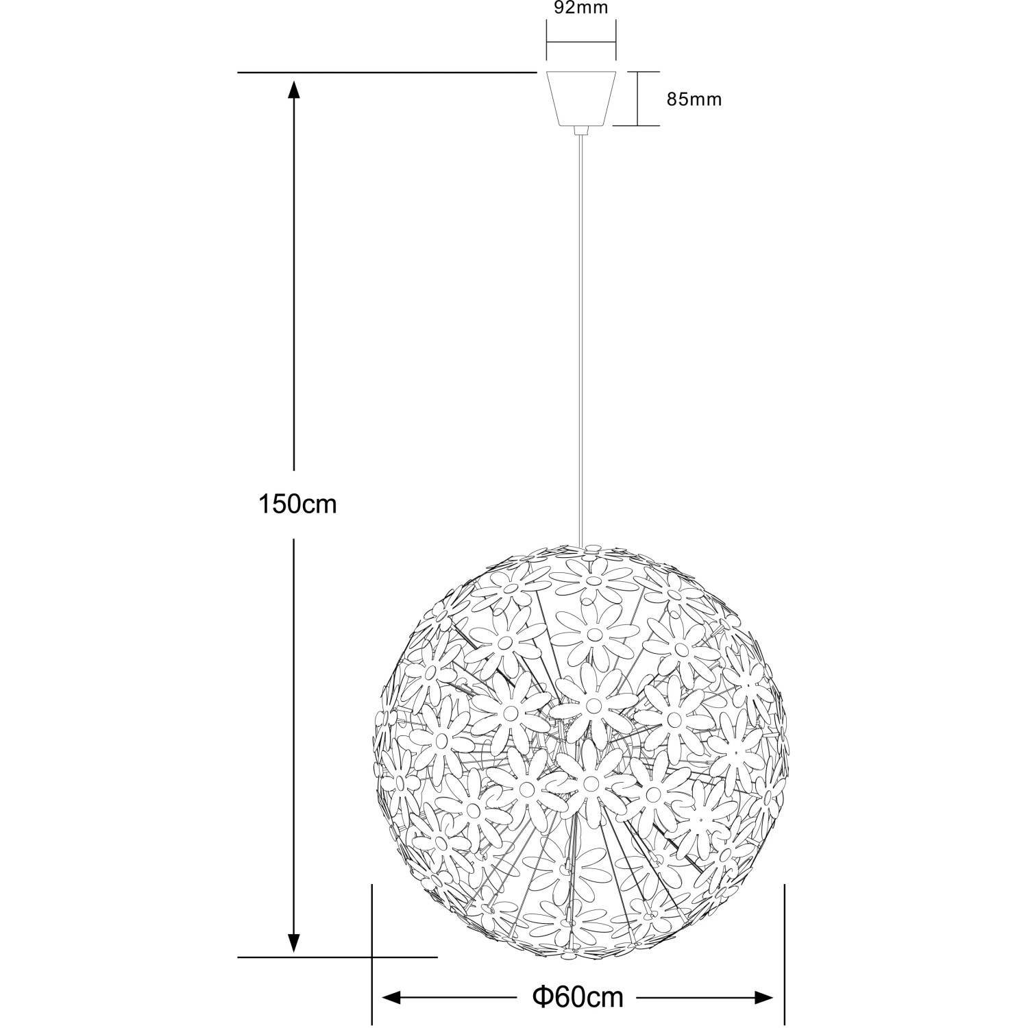 Skizze der weißen Globo Pendelleuchte Stella, kugelförmig aus Kunststoffblüten, Ø 60cm, Höhe 150cm.