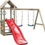 SwingKing Spielturm Maria mit roter Rutsche, Doppelschaukel und Kletterwand.