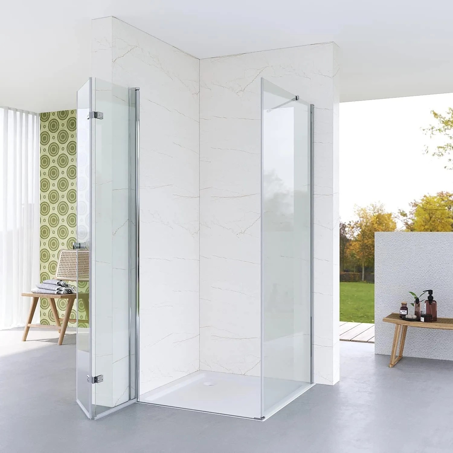 Moderne Aquabatos Eckdusche mit rahmenloser Falttür und Seitenwand aus 5mm ESG Sicherheitsglas in hellem Bad.