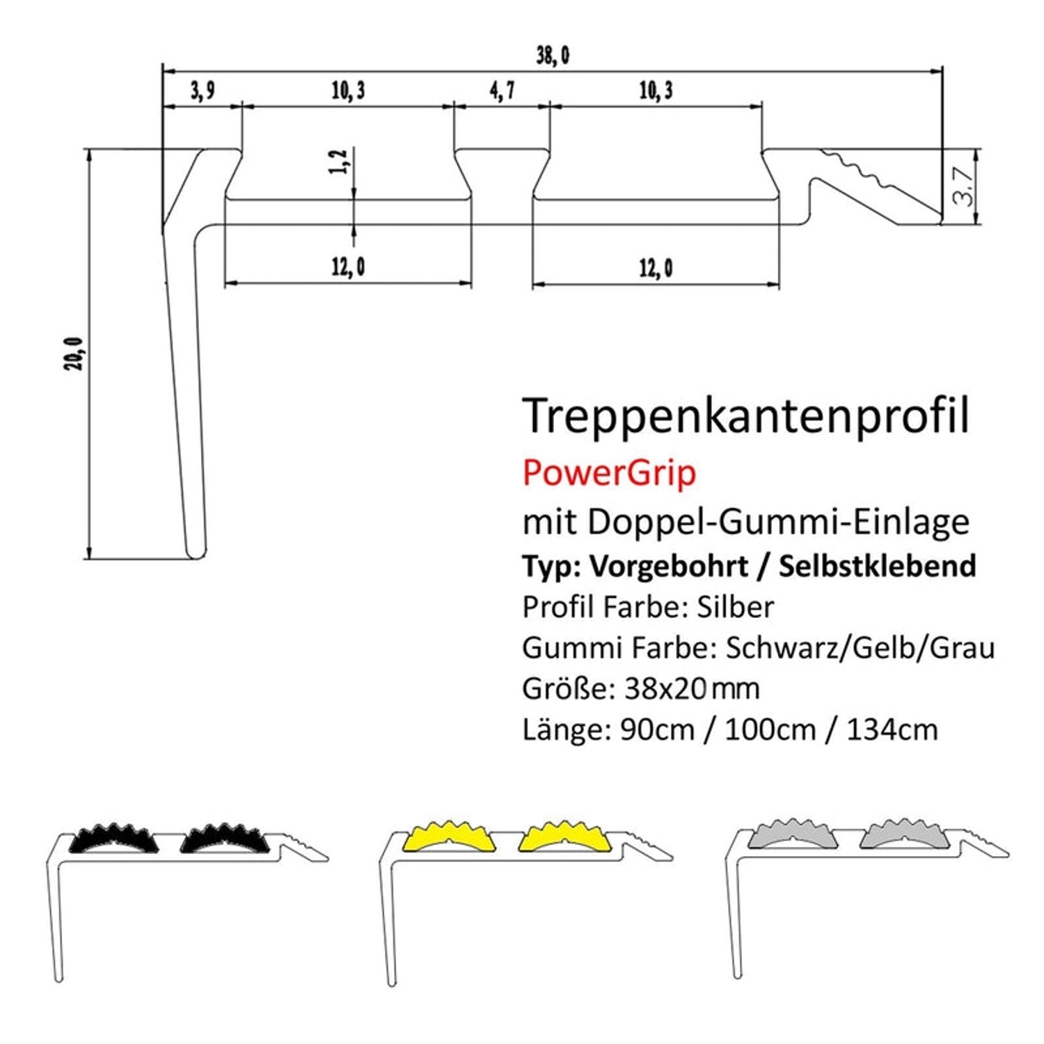 Graues KARAT Treppenkantenprofil Power Grip mit Doppelgummieinlage, vorgebohrt, 3,8x2x134 cm.