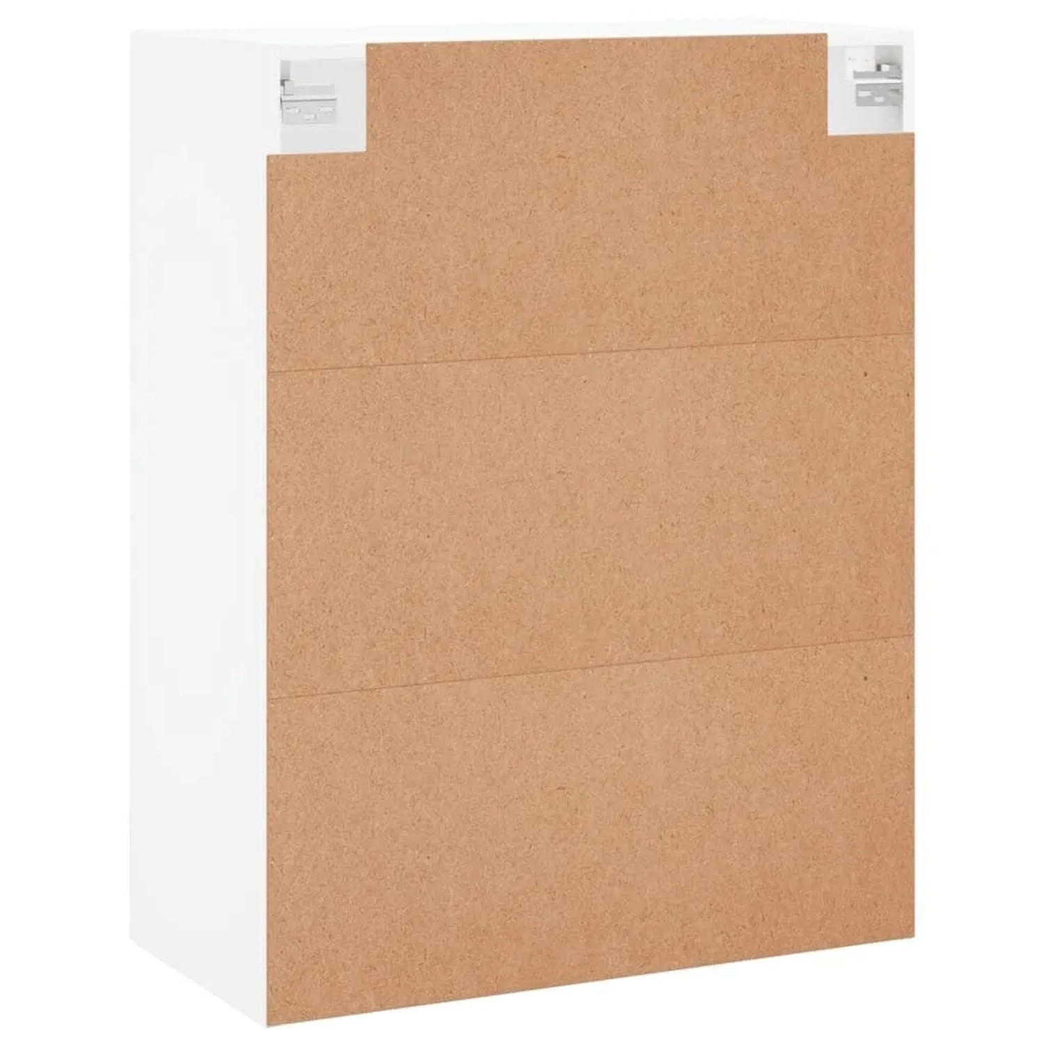 Rückseite des weißen vidaXL Wandschranks für Wohnzimmer, brauner Holzwerkstoff, Wandhalterungen.