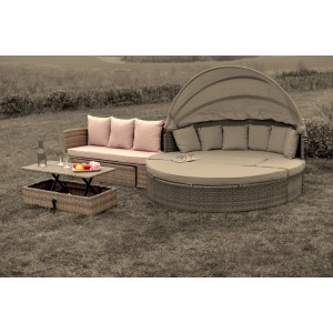 Merxx Riva Erweiterungsset für Lounge-Insel: Bank mit/ohne Lehne und Tisch aus Polyrattan.