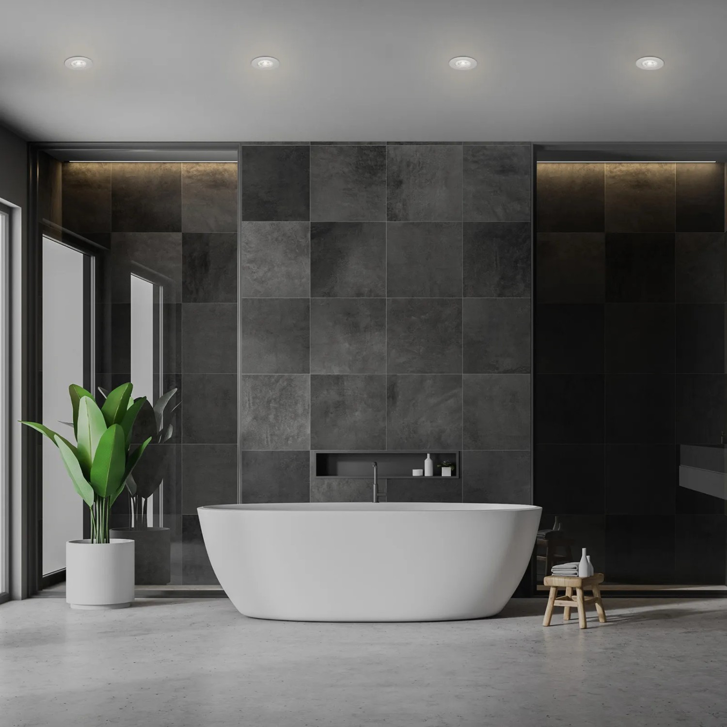 Badezimmer mit Brilo LED-Einbauleuchten (4er-Set) in Chrom matt, dimmbar, für stimmungsvolle Beleuchtung.