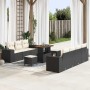 Schwarzes 10-tlg. vidaXL Garten-Sofa-Set aus Poly Rattan mit Tisch und Hockern.