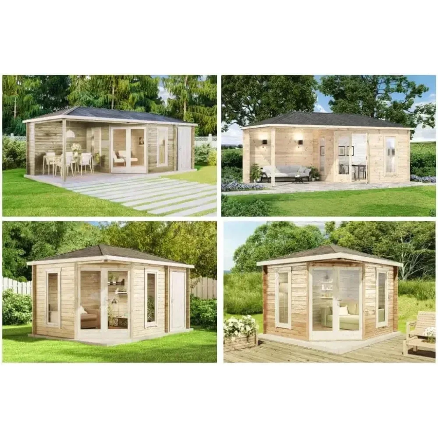 Alpholz 5-Eck Gartenhaus Liwa mit Walmdach, unbehandelt, verschiedene Ansichten.