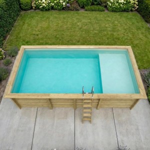 ALTANKA Holzpool Aqua 7x3,75 Höhe 1,45 m SANDFARBEN mit Liegefläche mit am Beton Verschraubten Stützen BAS7308OSPL3+PLA308