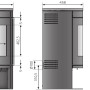 Technische Zeichnung Kaminofen Justus Mino 2.0, Stahl schwarz, Abdeckplatte Bordeaux, Maße und Anschlüsse.