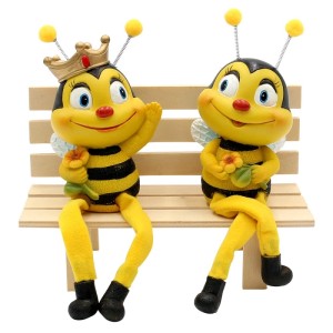 2er Set Deko Bienen Kantenhocker mit Blume, lustige Dekofiguren für Regal und Fensterbank.