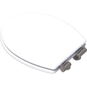 Weißer Toilettensitz Plima mit Absenkautomatik und Holzkern.