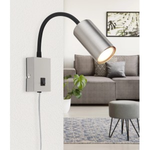 Wandlampe Robby, 1-flammig, Nickel matt, mit Flexarm und Schalter. Moderne Wandleuchte für GU10 Leuchtmittel.