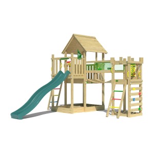 Jungle Gym Spielturm Lookout mit Wackelbrücke, Kletterrampe und Rutsche in Dunkelgrün.