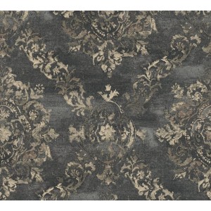 Graue Tadessi Vliestapete mit goldenem Barock-Ornamentmuster. Dekorative Tapete für luxuriöse Wandgestaltung.
