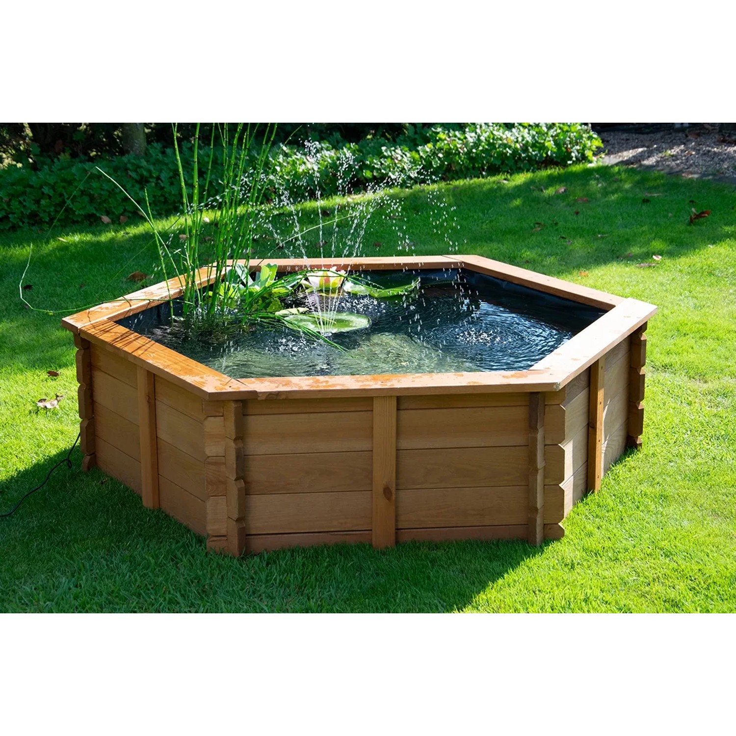 Hexagonaler Gartenteich aus Kiefernholz mit Teichfolie und Bepflanzung im Garten.