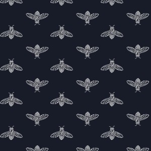 Joules Vliestapete Block Print Bee French Navy Blau: Tapete mit Bienenmuster auf blauem Grund.
