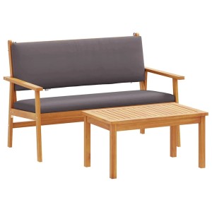 Braunes 2-tlg. Garten-Sofa-Set aus Akazienholz mit grauen Kissen und Tisch.