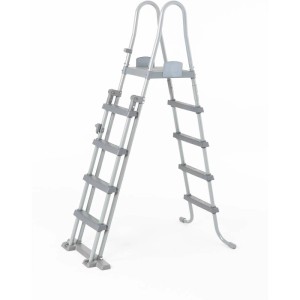 Bestway Sicherheitsleiter 132 cm für Pools, graue Poolleiter mit vier Stufen und Kindersicherung.
