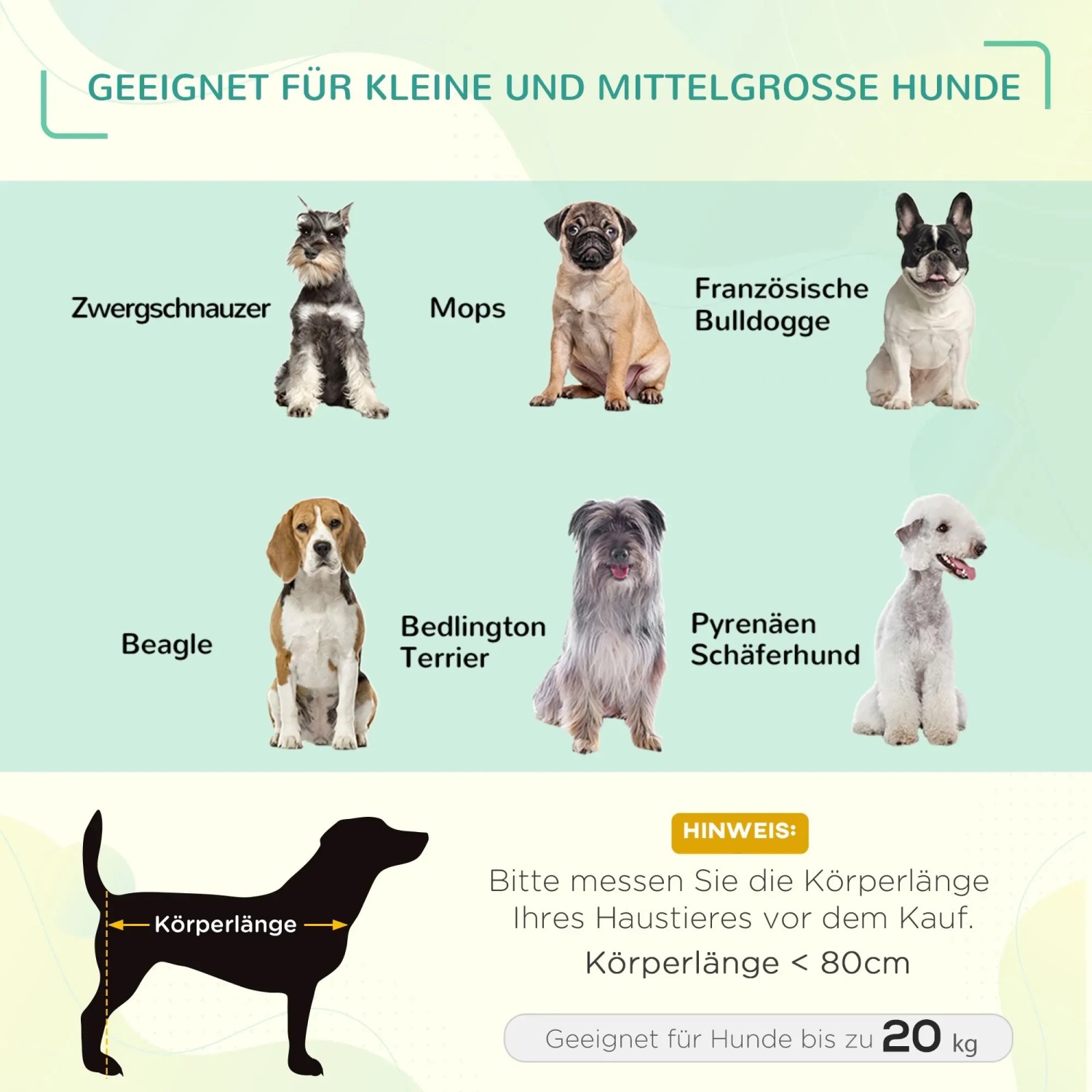 Infografik: Geeignete Hunderassen (bis 20kg) für das PawHut Hundebett mit Baldachin.