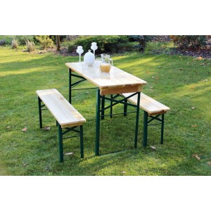 Kleine Bierzeltgarnitur für Balkon/Terrasse mit 60 cm Tischbreite, Holzplatten und grünem Stahlgestell.