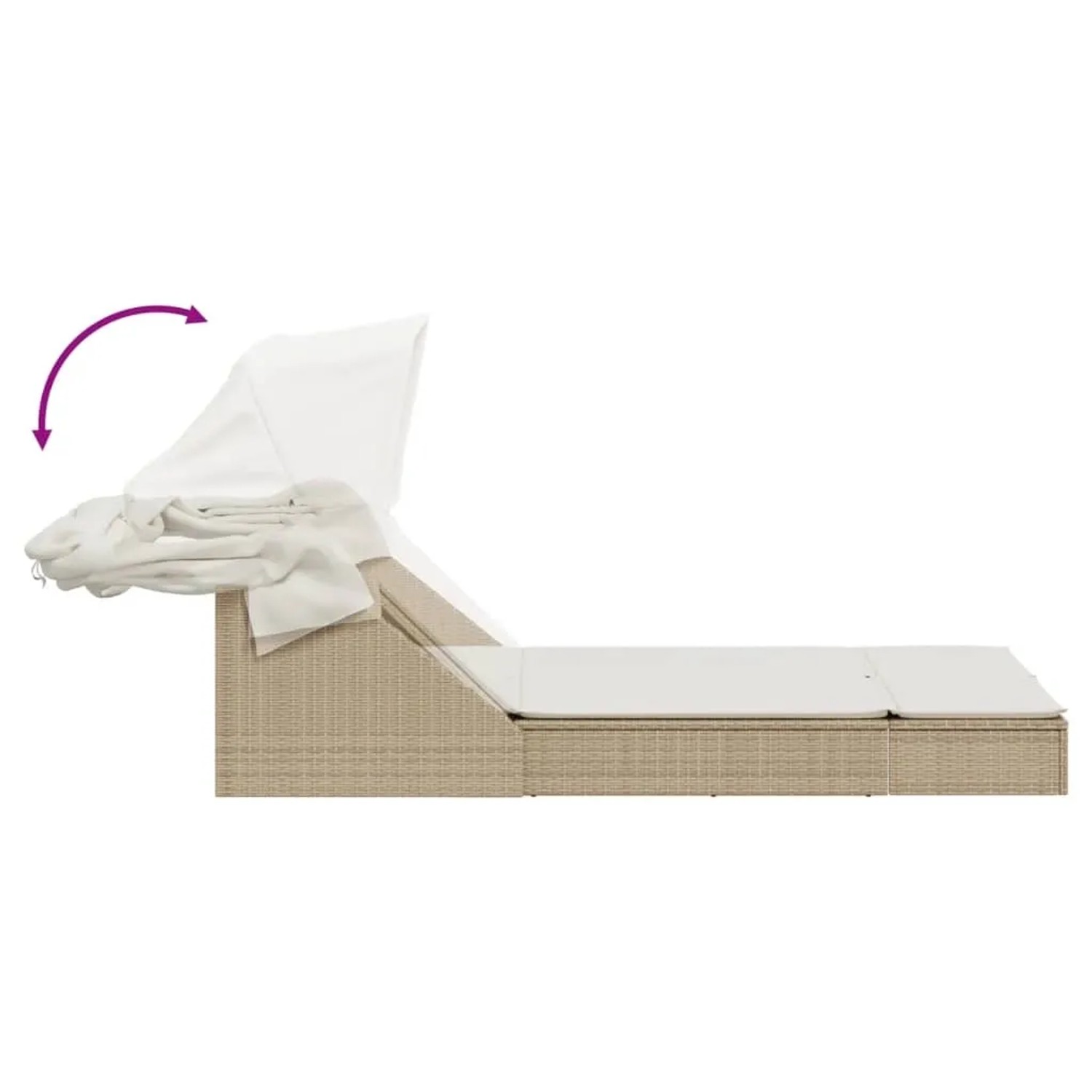 Beige Doppel-Sonnenliege aus Rattan mit Dach und Auflagen, Dach teilweise geöffnet dargestellt.