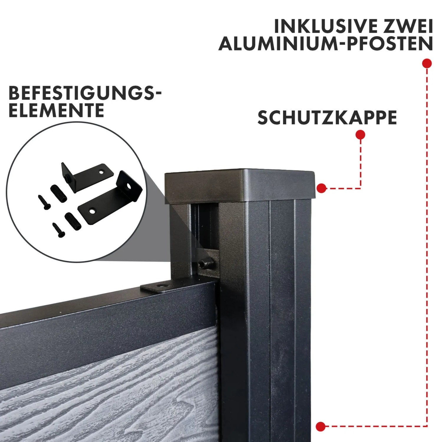 Detailaufnahme KARAT WPC Sichtschutzzaun Kronos Komplettset Ash Grey mit Pfosten, Schutzkappe und Befestigung.