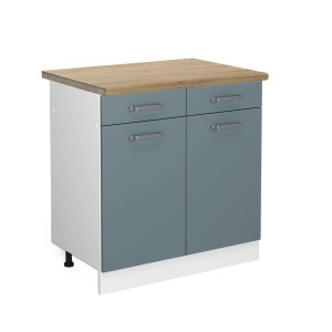 Vicco Küchenunterschrank R-Line, Schubladen, blau-graue Front, Eiche Arbeitsplatte, 80 cm breit.